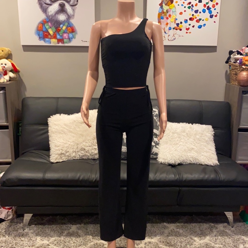 Sugar Popped Black Two Piece Set Ruched One Shoulder Top Flare Pants S NWT